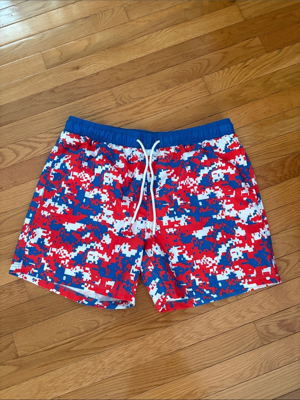 Men's Red, Blue & White Pixel Camo Swim Trunks
